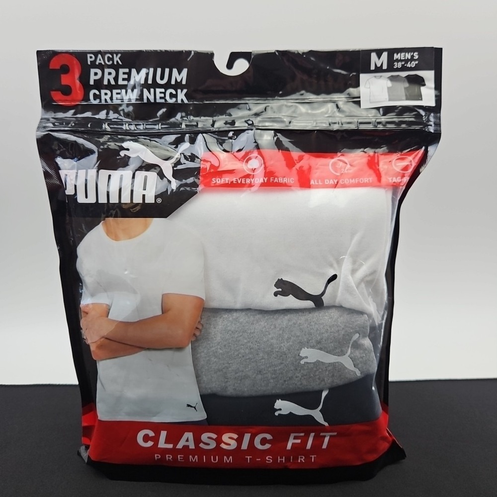 PUMA 3 Pack Premium Soft Cotton White‎ Crew Neck T Shirts Men's Size Med New